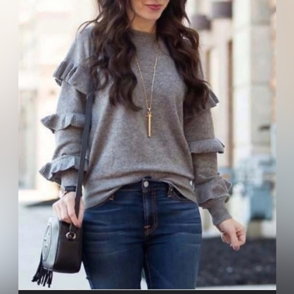 J. Crew Wool Blend Gray Ruffle Sleeve Sweater Small